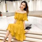 Ruffled Off-shoulder Short-sleeve Mini A-line Dress