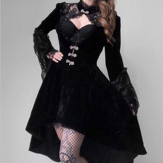 Cut-out Lace Bell-sleeve A-line Velvet Dress