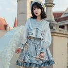 Set: Contrast Trim Sailor Collar Blouse + Printed Mini A-line Skirt