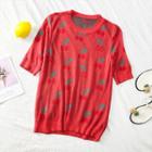 Elbow-sleeved Cherry-print Knit Top Red - One Size