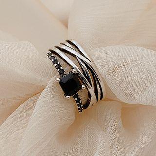 Faux Crystal Alloy Layered Open Ring Black - One Size