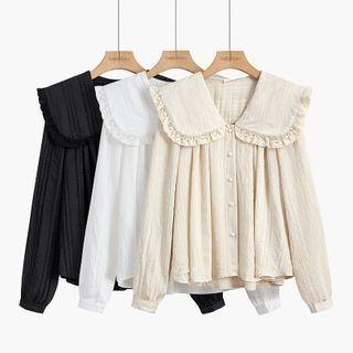 Long-sleeve Lace Trim Collared Blouse