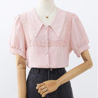 Puff-sleeve Collared Lace Trim Blouse