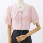 Puff-sleeve Collared Lace Trim Blouse