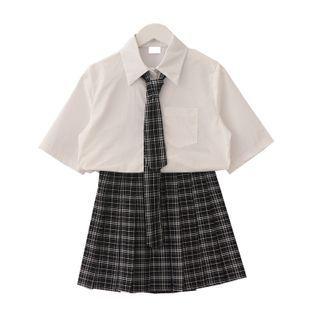 Set: Short-sleeve Pocket Detail Shirt + Plaid Tie + Mini A-line Skirt