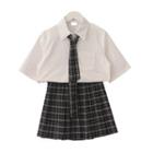 Set: Short-sleeve Pocket Detail Shirt + Plaid Tie + Mini A-line Skirt
