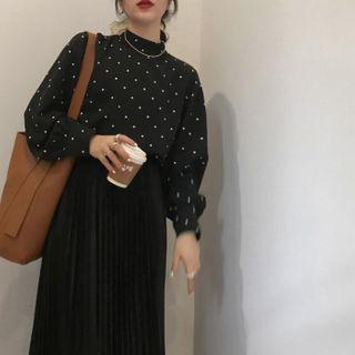 Dotted Balloon-sleeve Blouse White Dotted - Black - One Size
