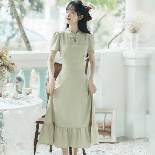 Mandarin Collar Plain Midi A-line Dress