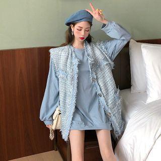 Plaid Fringed Trim Vest / Round Neck Sweatshirt