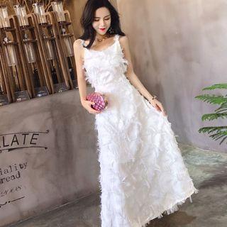 Fringe Trim Midi Spaghetti Strap Dress