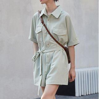 Short-sleeve Plain Tie-waist Playsuit Green - One Size