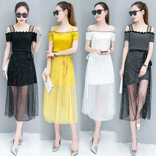 Set: Contrast Trim Cut Out Shoulder Short Sleeve Dress + Beaded Mesh Skirt