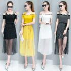Set: Contrast Trim Cut Out Shoulder Short Sleeve Dress + Beaded Mesh Skirt