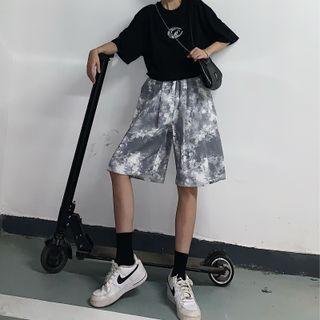 Elastic-waist Tie-dyed Straight Leg Shorts