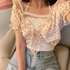 Short-sleeve Floral Lace Up Crop Top / Lace Trim Strappy Camisole Top