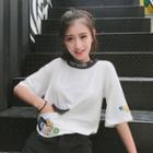 Embroidered Colour Block Elbow-sleeve T-shirt