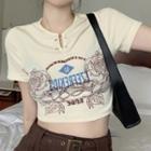 Short Sleeve Rose Print Crop Top Almond - One Size