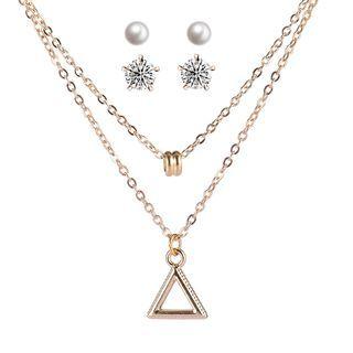 Set: Triangle Pendant Layered Necklace + Faux Pearl Stud Earrings + Rhinestone Stud Earrings Gold - One Size