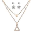 Set: Triangle Pendant Layered Necklace + Faux Pearl Stud Earrings + Rhinestone Stud Earrings Gold - One Size
