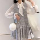 Set: Tie Neck Blouse + Sleeveless Tweed Dress