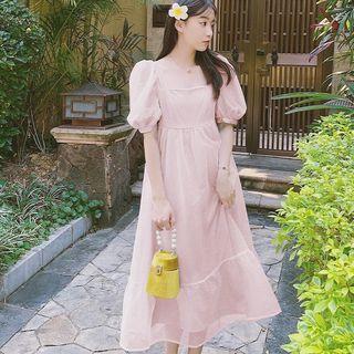 Puff-sleeve Square Neck Mesh Midi A-line Dress