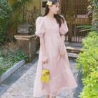 Puff-sleeve Square Neck Mesh Midi A-line Dress