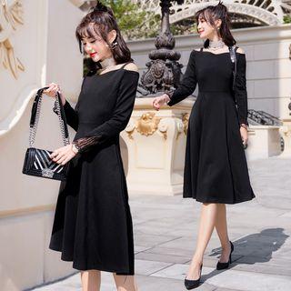 Off-shoulder Long-sleeved Tie-waist A-line Plain Long Dress