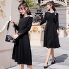 Off-shoulder Long-sleeved Tie-waist A-line Plain Long Dress