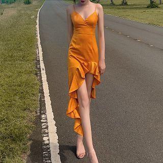 Spaghetti-strap Ruffle Hem Dip-back A-line Dress