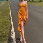 Spaghetti-strap Ruffle Hem Dip-back A-line Dress