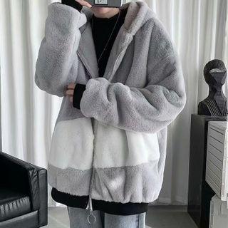 Hooded Zip Color Block Fleece Jacket
