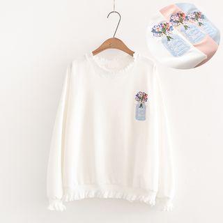 Ruffle Trim Embroidered Pullover