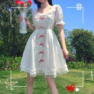 Short-sleeve Bow-accent Mini A-line Dress As Shown In Figure - One Size