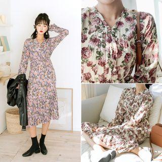 Bell-sleeve Crinkled Long Floral Dress