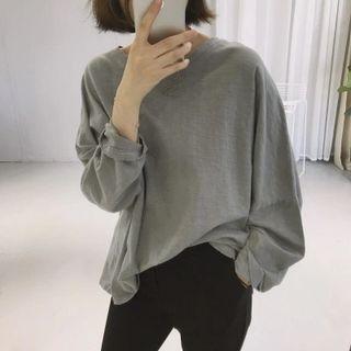 Plain Loose-fit Round-neck Batwing-sleeve T-shirt