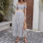 Set: Cold-shoulder Bikini + Maxi Mesh Layered Skirt