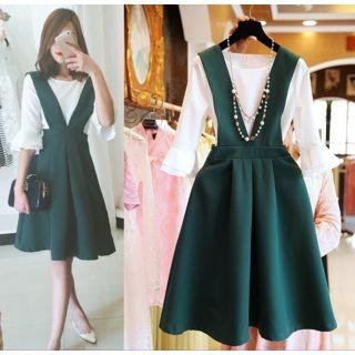 Set: Elbow-sleeve Top + Suspender A-line Dress