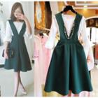 Set: Elbow-sleeve Top + Suspender A-line Dress