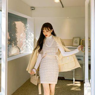 Set: V-neck Tweed Vest + H-line Miniskirt