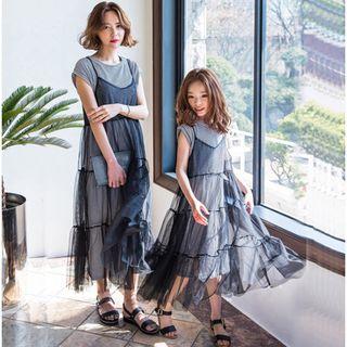 Family Matching Set: Striped Short Sleeve T-shirt + Tiered Spaghetti Strap Dress