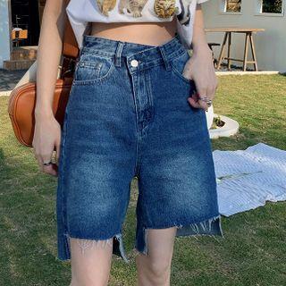 High-waist Asymmetric Raw Hem Denim Straight Leg Shorts