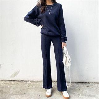 Set: Round-neck Knit Top + Seam-front Knit Pants