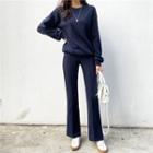 Set: Round-neck Knit Top + Seam-front Knit Pants
