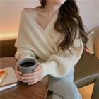 V-neck Plain Cropped Sweater Almond - One Size