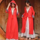Embroidered Hooded Maxi Jacket Red - One Size