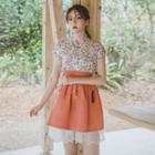 Short-sleeve Mini Skirt Hanbok Set (floral / Orange Brown)