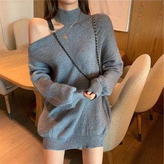 One Shoulder Mock Neck Long-sleeve Plain Knit Top