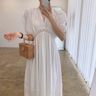 Puff-sleeve V-neck Lace Trim Dress