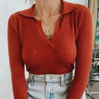 Collared Long-sleeve Cropped Knit Top