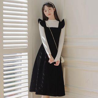 Set: Ribbed Knit Top + Ruffled Overall Dress